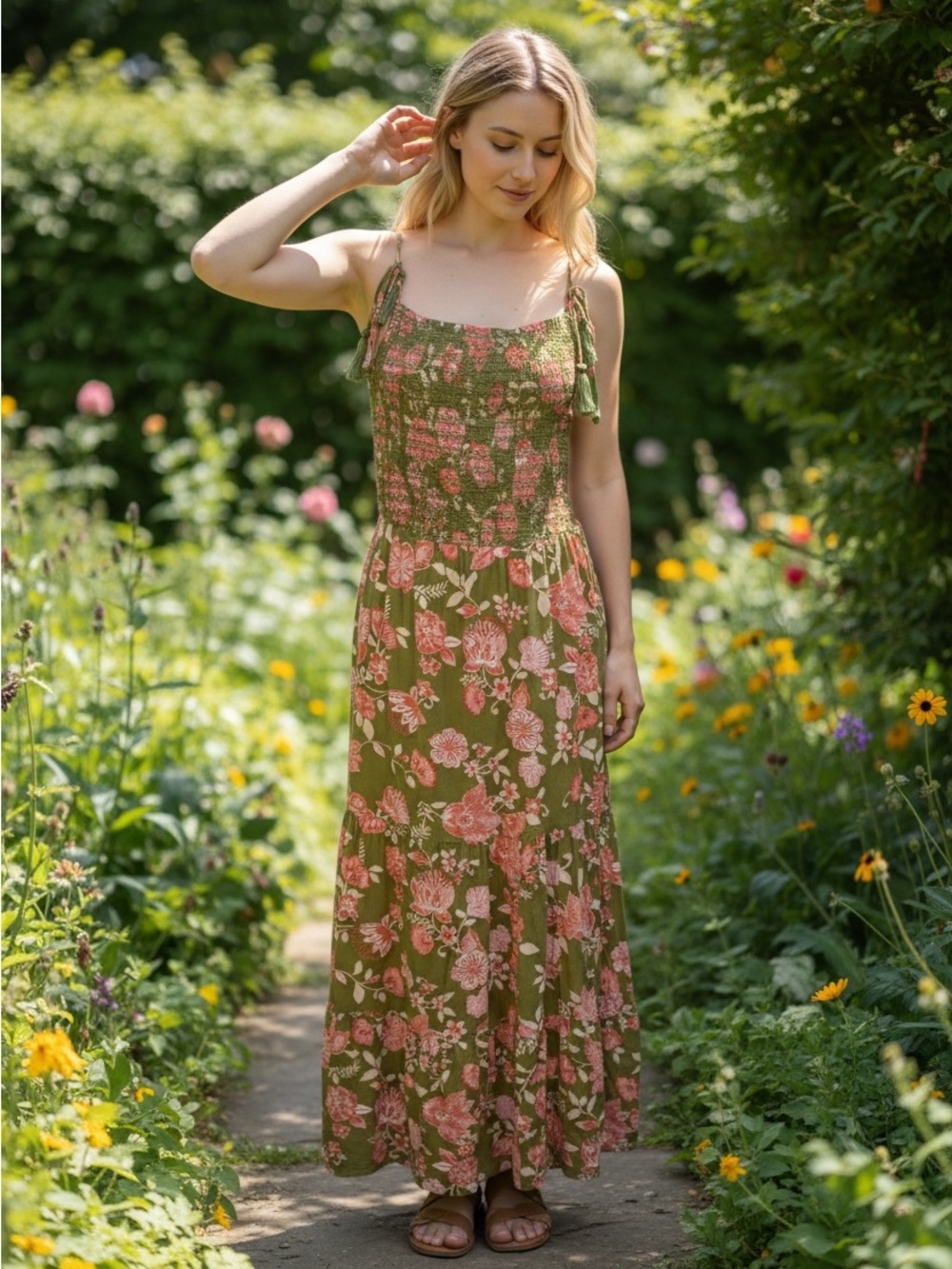 Patrons of Peace floral smocked tiered tie-strap maxi dress features pink floral